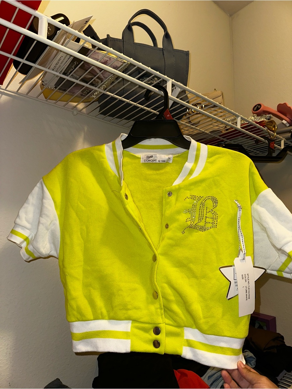 Neon Yellow & White Varsity Jacket with Rhinestone B Detail